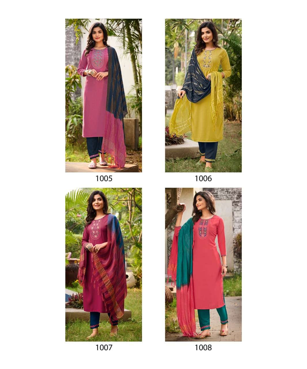 RANGJYOT - VEENA VOL 1 - DOBBY RAYON STYLIST NECK EMBROIDERY WORK KURTI WITH 14 KG RAYON WITH EMBROIDERY WORK PANT AND CHANDERI CORONA DUPATTA - INDEX 2